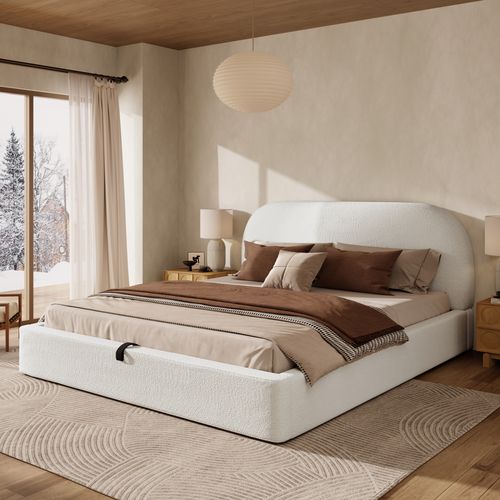 Lit coffre adulte 180x200 cm avec tête de lit et grand rangement, bouclé beige