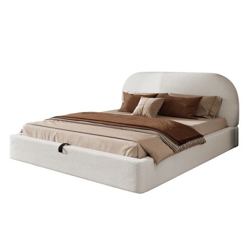 Lit coffre adulte 180x200 cm avec tête de lit et grand rangement, bouclé beige