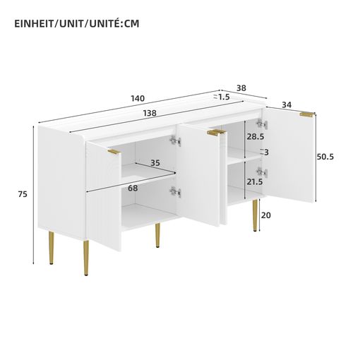 Buffet 140x38x75 Cm Avec 4 Portes, Espaces De Rangement, En Mdf, Blanc