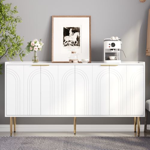 Buffet 140x38x75 Cm Avec 4 Portes, Espaces De Rangement, En Mdf, Blanc