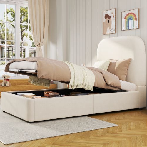 Lit Coffre Enfant 90x200 Cm Avec Tête De Lit Et Sommier, Velours, Beige