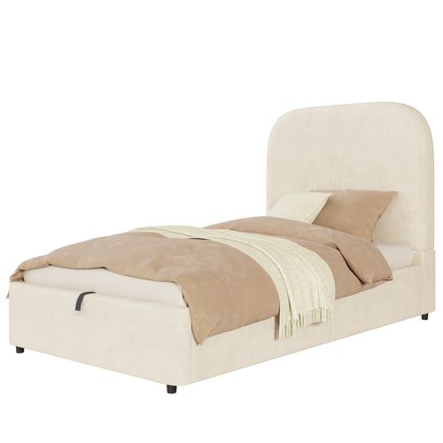 Lit Coffre Enfant 90x200 Cm Avec Tête De Lit Et Sommier, Velours, Beige