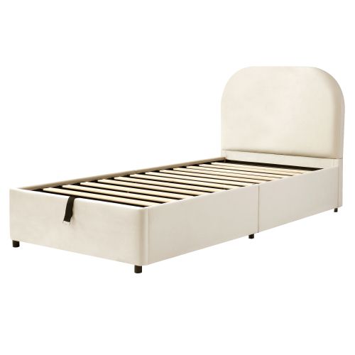 Lit Coffre Enfant 90x200 Cm Avec Tête De Lit Et Sommier, Velours, Beige