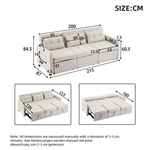 Canapé Convertible 3 Places 200 Cm, Dossier Inclinable 180°, 7 Configurations, Beige