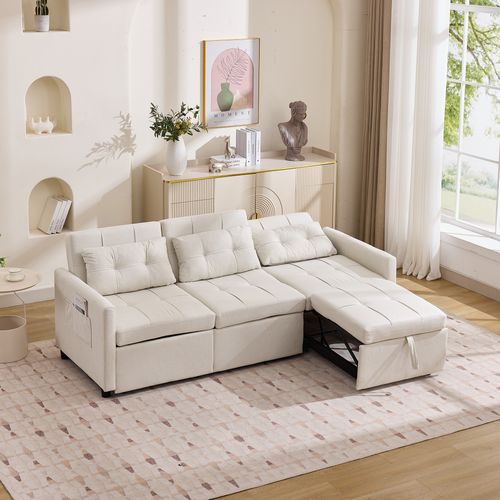 Canapé Convertible 3 Places 200 Cm, Dossier Inclinable 180°, 7 Configurations, Beige