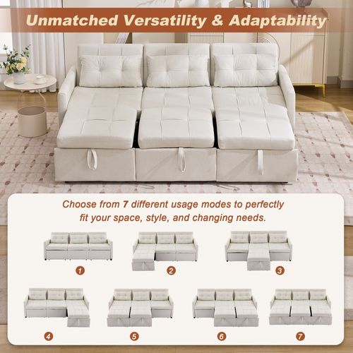 Canapé Convertible 3 Places 200 Cm, Dossier Inclinable 180°, 7 Configurations, Beige