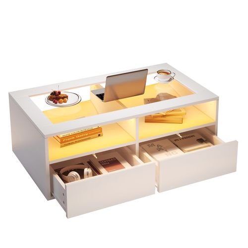 Table Basse 100x50x35 Cm Avec LED, Plateau En Verre Et 2 Tiroirs, Panneaux Particules, Blanc