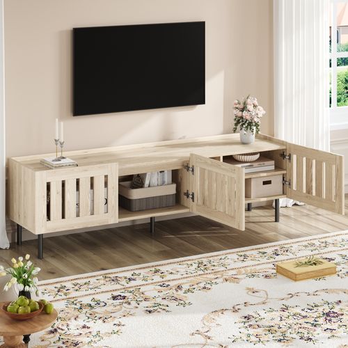 Meuble TV 160x40x47 Cm Avec 3 Portes Et Compartiment De Rangement Ouvert, Mdf, Couleur Bois