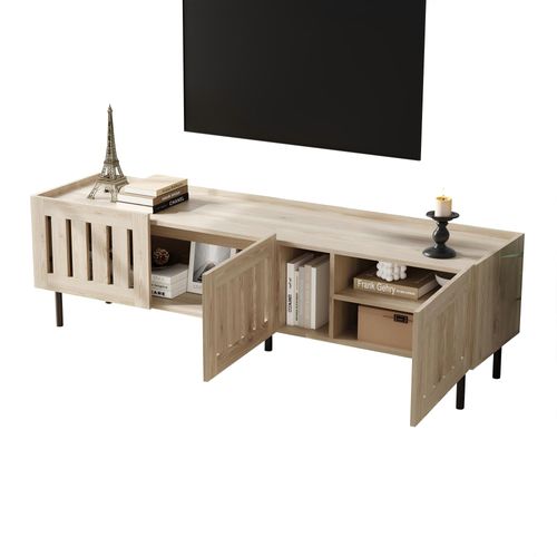 Meuble TV 160x40x47 Cm Avec 3 Portes Et Compartiment De Rangement Ouvert, Mdf, Couleur Bois