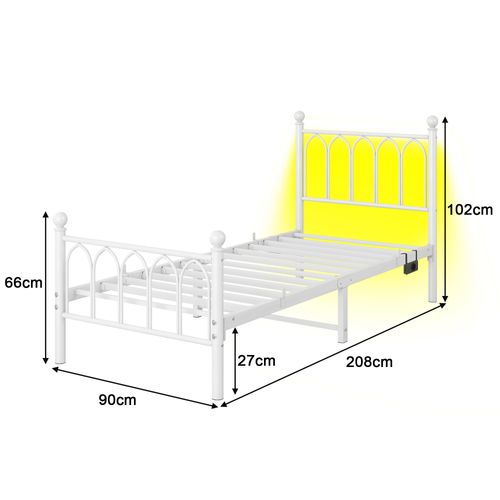 Lit Enfant 90x200 Cm, Lit Simple Vintage Avec LED Et USB, Métal, Blanc