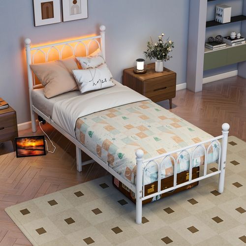 Lit Enfant 90x200 Cm, Lit Simple Vintage Avec LED Et USB, Métal, Blanc