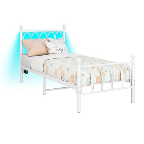 Lit Enfant 90x200 Cm, Lit Simple Vintage Avec LED Et USB, Métal, Blanc