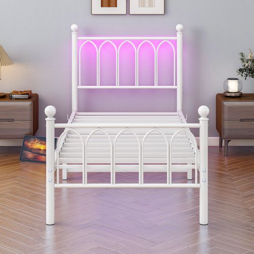 Lit Enfant 90x200 Cm, Lit Simple Vintage Avec LED Et USB, Métal, Blanc