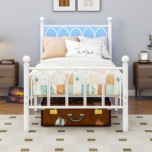 Lit Enfant 90x200 Cm, Lit Simple Vintage Avec LED Et USB, Métal, Blanc