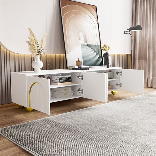 Meuble TV 170x38x44 Cm Avec 4 Portes, Adapté Pour Télévision De 70-79 Pouces, En Mdf, Blanc