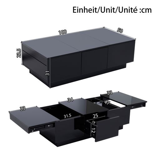 Table Basse 100x50x31 Cm Avec 2 Tiroirs, Finition Brillante, Bureau Coulissant, Noir