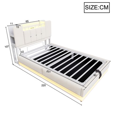 Lit Coffre 90x200 Cm, Lit Simple Avec LED, Prise USB, Rangement Hydraulique, En Velours, Beige
