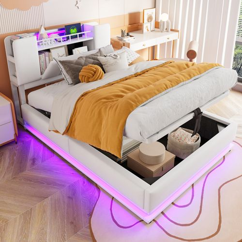 Lit Coffre 90x200 Cm, Lit Simple Avec LED, Prise USB, Rangement Hydraulique, En Velours, Beige