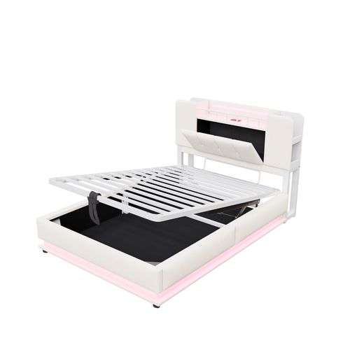 Lit Coffre 90x200 Cm, Lit Simple Avec LED, Prise USB, Rangement Hydraulique, En Velours, Beige