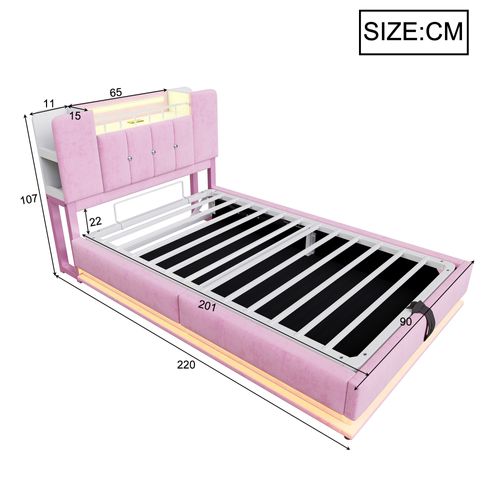 Lit Coffre 90x200 Cm, Lit Simple Avec LED, Prise USB, Rangement Hydraulique, En Velours, Rose