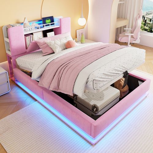 Lit Coffre 90x200 Cm, Lit Simple Avec LED, Prise USB, Rangement Hydraulique, En Velours, Rose