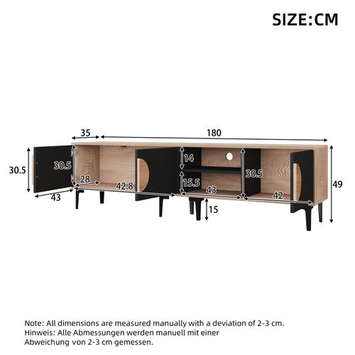 Meuble TV 180x35x49 Cm Avec 2 Armoires Et 2 Étagères Ouvertes, Panneaux Particules, Noir Et Bois