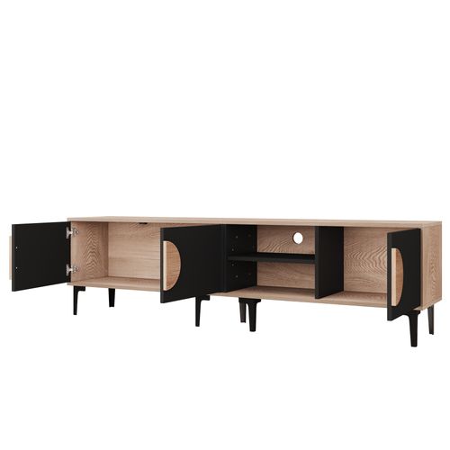 Meuble TV 180x35x49 Cm Avec 2 Armoires Et 2 Étagères Ouvertes, Panneaux Particules, Noir Et Bois