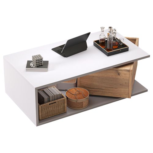Table Basse 90x50x30 Cm Avec 1 Tiroir Pivotant à 360°, Rangement Ouvert, En Mdf, Blanc Et Chêne
