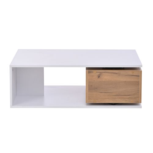 Table Basse 90x50x30 Cm Avec 1 Tiroir Pivotant à 360°, Rangement Ouvert, En Mdf, Blanc Et Chêne