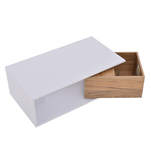 Table Basse 90x50x30 Cm Avec 1 Tiroir Pivotant à 360°, Rangement Ouvert, En Mdf, Blanc Et Chêne