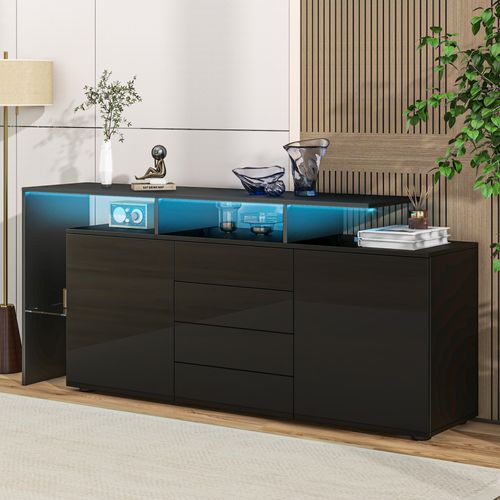 Buffet Design 160 Cm Noir Avec LED, 4 Tiroirs Et 2 Portes, Particules Et Verre