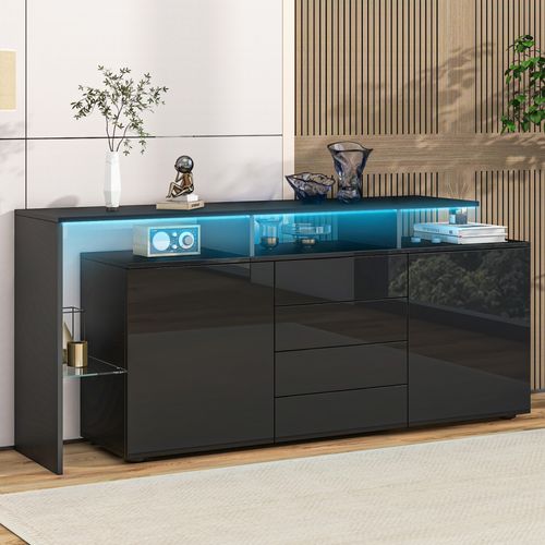 Buffet Design 160 Cm Noir Avec LED, 4 Tiroirs Et 2 Portes, Particules Et Verre