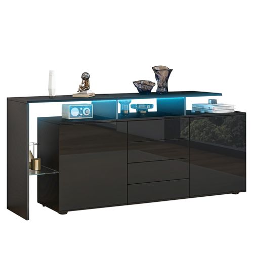 Buffet Design 160 Cm Noir Avec LED, 4 Tiroirs Et 2 Portes, Particules Et Verre