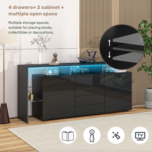 Buffet Design 160 Cm Noir Avec LED, 4 Tiroirs Et 2 Portes, Particules Et Verre