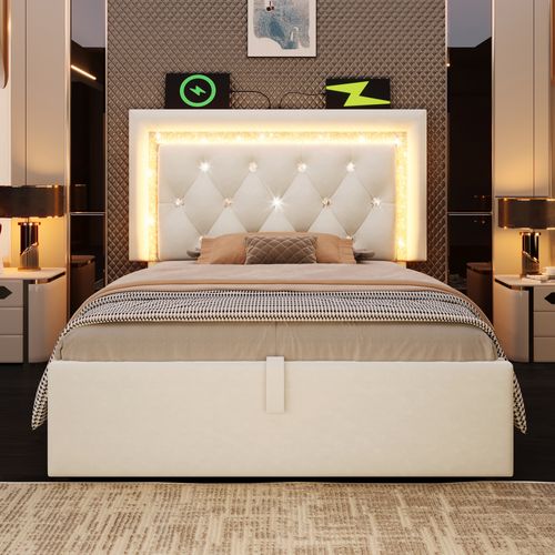 Lit coffre 90x200cm Avec Fonction De Rangement Hydraulique, LED, Port USB/type-c, Velours, Beige