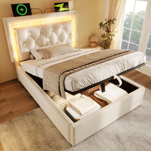 Lit coffre 90x200cm Avec Fonction De Rangement Hydraulique, LED, Port USB/type-c, Velours, Beige