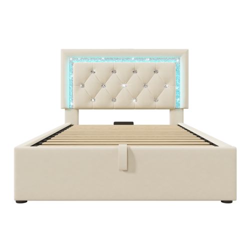 Lit coffre 90x200cm Avec Fonction De Rangement Hydraulique, LED, Port USB/type-c, Velours, Beige