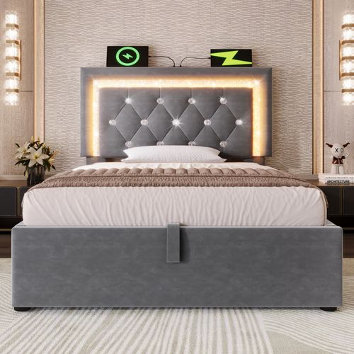 Lit coffre 90x200cm Avec Rangement Hydraulique, LED, Port USB/type-c, Velours, Gris