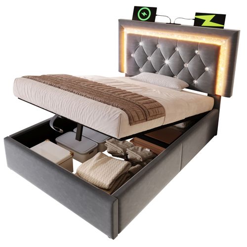 Lit coffre 90x200cm Avec Rangement Hydraulique, LED, Port USB/type-c, Velours, Gris