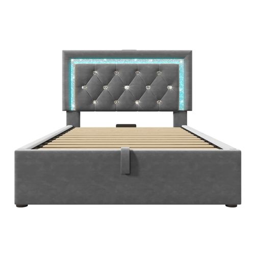 Lit coffre 90x200cm Avec Rangement Hydraulique, LED, Port USB/type-c, Velours, Gris