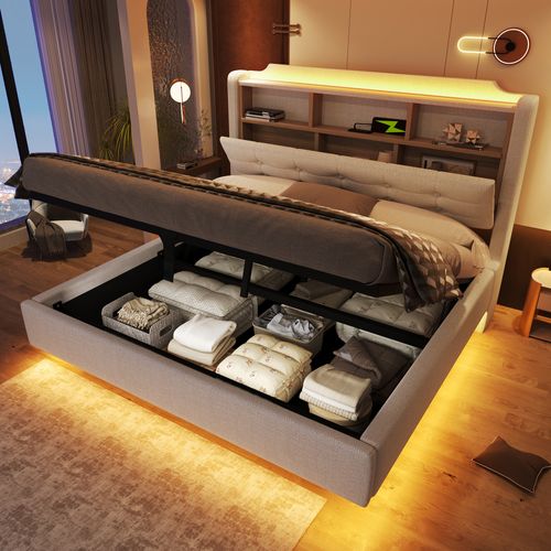 Lit coffre 140x200 cm avec LED, tête de lit rangements, USB/Type-C, design flottant, lin beige