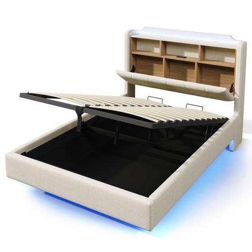 Lit coffre 140x200 cm avec LED, tête de lit rangements, USB/Type-C, design flottant, lin beige