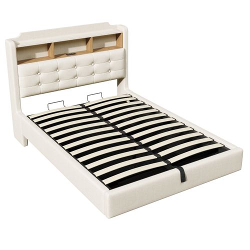 Lit coffre 140x200 cm avec LED, tête de lit rangements, USB/Type-C, design flottant, lin beige