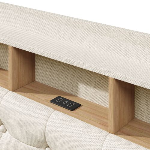 Lit coffre 140x200 cm avec LED, tête de lit rangements, USB/Type-C, design flottant, lin beige