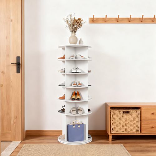 Armoire à Chaussures Rotative 360° De 6 Niveaux Avec Rangement Pour 24 Paires, En Pvc, Blanc