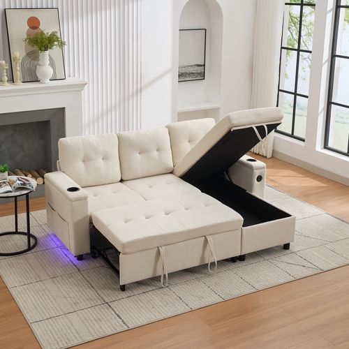 Canapé Angle Convertible 3 Places Avec LED, USB, Porte-gobelets, Poches Latérales, Tissu, Beige