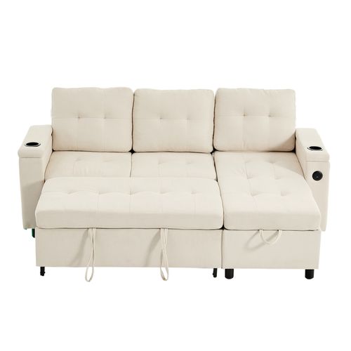 Canapé Angle Convertible 3 Places Avec LED, USB, Porte-gobelets, Poches Latérales, Tissu, Beige