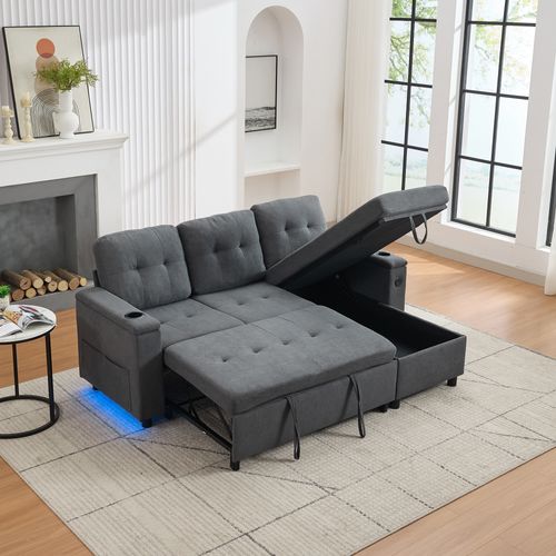 Canapé Angle Convertible 3 Places 208x146x89,5 Cm Avec LED, USB-c, Poches Latérales, Tissu, Gris