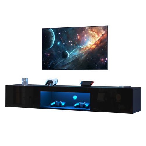 Meuble TV Mural 160 Cm Façade Noir Brillant, LED, 2 Portes Et Niche, Pour Téléviseur Jusqu'à 70"