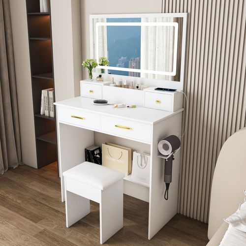 Coiffeuse Avec Miroir, 4 Tiroirs, LED, Prise, Support Pour Sèche-cheveux, Tabouret, En Mdf, Blanc